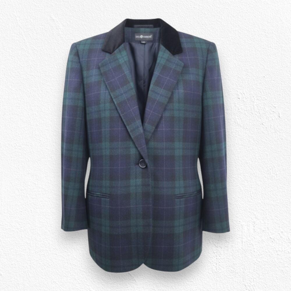 Vintage Black Watch Tartan Green Plaid Wool Blend Blazer Velvet Collar Size 14